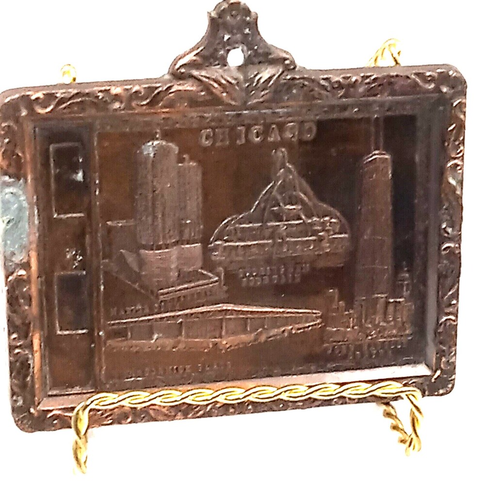 CHICAGO Souvenir Metal Coppery PLAQUE Vtg Hancock Buckingham McCormick Marina